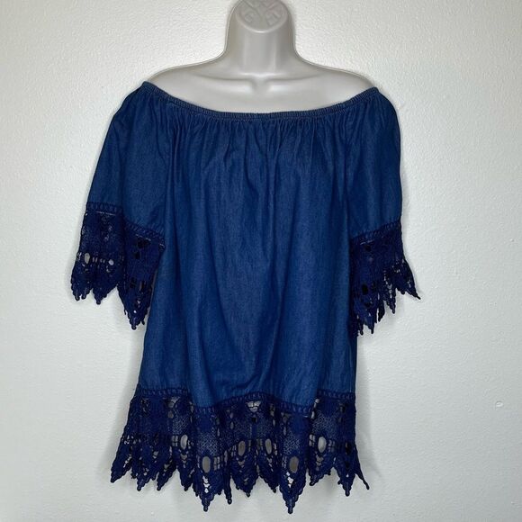 Taxi Blue Chambray Denim Off Shoulder Wide Crochet Lace Trim Top Women 2X FLAWED - Picture 2 of 14